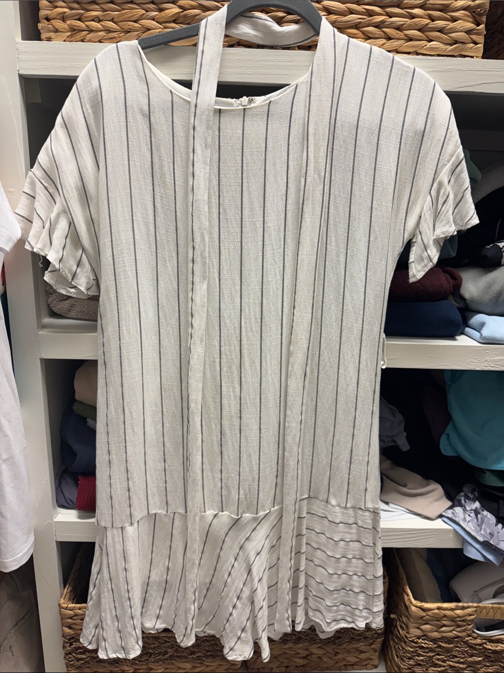 She + Sky White Dress with Navy Pinstripes and Waist Tie